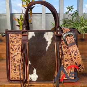 กระเป๋าสะพายพาดลำตัวหนังวัวแบบตะวันตกสำหรับผู้หญิงกระเป๋าหนังแท้ลายดอกไม้ตามสั่ง - Product Image 1