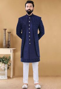 NAVY BLUE DESIGNER INDO WESTERN SHERWANI,SHRUG and <b>PANT</b> GROOM WITH EMBELLISHED DABKA,STONE WORK for WEDDING/PARTY-WEAR=2024 - Product Image 2