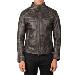 Gatsby Men's Distressed Brown Sheepskin Aniline Zipper Biker <b>Jacket</b> Real Leather Quilted Viscose Lining Stand <b>Collar</b> Coated - Product Image 1