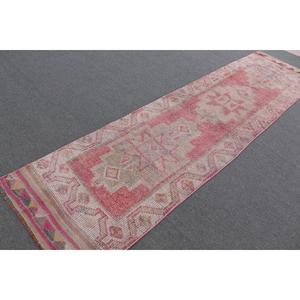 Vintage Rug, 2.8x10.6 ft Turkish Rug, <b>Red</b> White Ikat <b>Wool</b> Rug - Product Image 2
