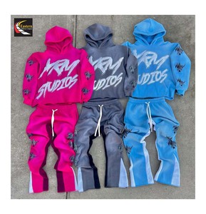 Chándal con cremallera desgastado lavado con ácido de dos piezas, chándal con capucha de felpa con estampado sólido desteñido al sol, conjuntos de pantalones de chándal - Product Image 1