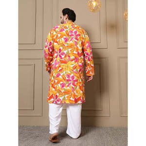 Amanush Kurta longue pour homme, grande taille, imprimé feuilles multicolores, manches trois-quarts, col mandarin, coupe ample, décontracté d'été - Product Image 4