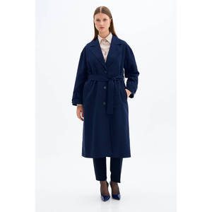 Manteau Trench Croisé Bleu Marine avec Épaulettes en Cuir Décontracté Grande Taille pour Automne Hiver - Product Image 3