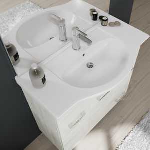 Mobile bagno Ravenna da 85 cm a pavimento in rovere bianco con lavabo in ceramica e specchio - Product Image 2