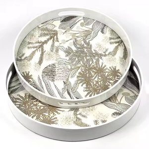 Plateau de service rond en laque MDF de luxe Beige imprimé floral botanique blanc brillant plateau en bois décoratif fait à la main pour la décoration intérieure - Product Image 1