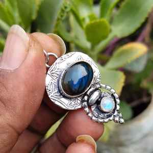 Collier pendentif fait main en argent sterling 925 avec serti clos, labradorite et pierre de lune, plaqué or vintage, unisexe, pour fiançailles ou troisième anniversaire - Product Image 6