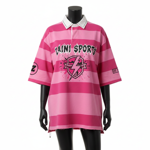 เสื้อรักบี้ผู้ชาย ผ้าโพลีเอสเตอร์ผสมสแปนเด็กซ์ 220 GSM ระดับพรีเมียม ลายทางสีชมพู พิมพ์ลายแบบซับลิเมชั่น รับสกรีนโลโก้ ชุดทีม ระบายเหงื่อได้ดี - Product Image 1