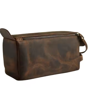 Kit Dopp de cuero de grano completo estilo Vintage para hombre hecho a mano, neceser con cremalleras dobles, Asa de viaje, cadenas resistentes al agua - Product Image 1