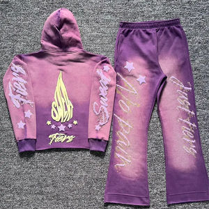 Survêtements hommes lâche soleil délavé évasé bas fermeture éclair ensembles hommes Vintage lavé jambe droite pantalon et sweat à capuche survêtements - Product Image 6