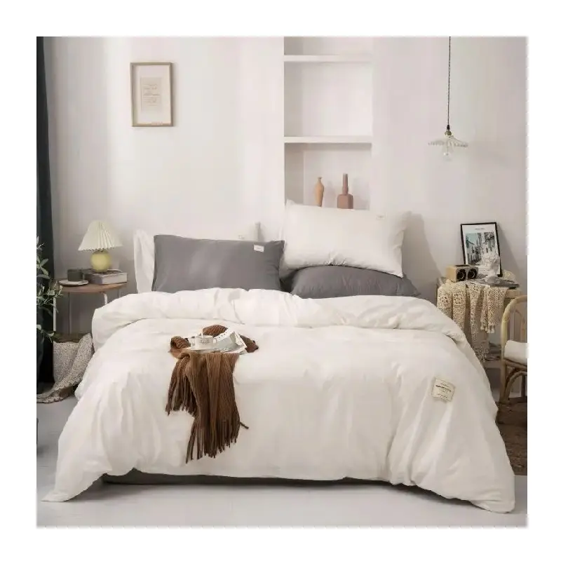 Polyester/Cotton Folded Non-disposable Fashion White Color Matching Bed Sheet Cooling King Size Bed Sheet Set