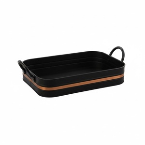 Plateau de service en métal noir galvanisé Poignées en bois Forme rectangulaire Articles de cuisine Table de salle à manger Plateaux de service pour aliments et boissons - Product Image 4