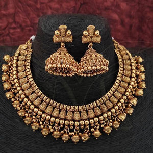 Designer Party Wear High Gold Plated Fancy Style <b>Choker</b> Style Antique Jewellery <b>Necklace</b> Set - Product Image 1