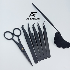 Matte Black Color Lash Tweezers Diamond Grip Solid Stainless Steel with Cuticle Scissors And Mirror Handles Custom Logo Offer - Product Image 1