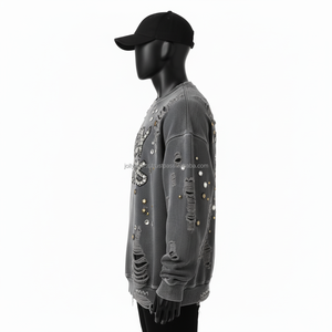 High Quality 380 GSM Men <b>Sweatshirt</b> <b>Vintage</b> Washed Cotton Fleece With Rhinestone Embellished Custom Logo Basics <b>Sweatshirt</b> - Product Image 4