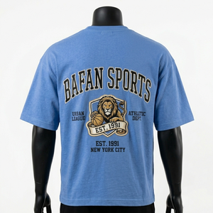 T-shirt homme oversize 200 GSM en jersey de coton peigné premium, bleu ciel, noir, or, impression sérigraphique, broderie, badge - Product Image 5