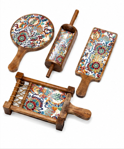 Premium for Wood Serving Tray Set Handmade Enamel Print 4-Piece Modern Luxury <b>Decorative</b> <b>Kitchen</b> Dining and Gift Collection - Product Image 1