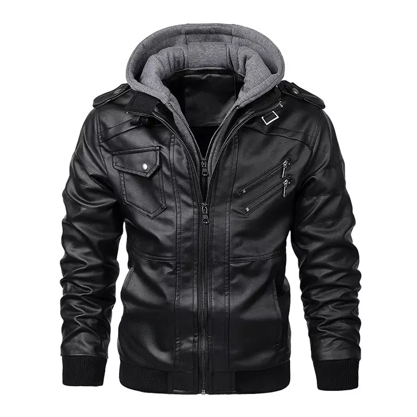 2022 New Outdoor Wear Men Cool Leather Hoodie Style Jacket Men Zipper Collar Factory Direct High Quality Men Leather Jacket's