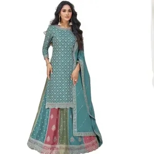 印度制造商生产的厚重人造丝美丽沙拉拉套装，配有短阿纳卡利上衣和裤子