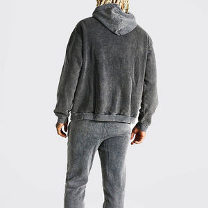 Conjuntos de 2 piezas de invierno informales para hombre, Sudadera con capucha de secado rápido transpirable lavada con ácido, pantalones con cordón, forro polar estampado sólido - Product Image 1