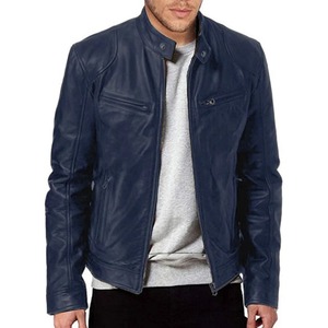 Veste en cuir pour homme, coupe ajustée, à fermeture éclair, manches longues, avec empiècements, col montant, style décontracté, pour l'automne - Product Image 5