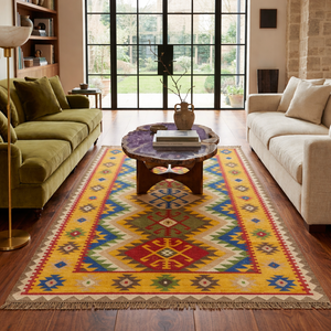 Alfombra Kilim Dhurrie Tejida a Mano, Alfombra Tradicional de Tejido Plano con Diseño Geométrico - Product Image 1