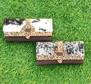 Cowhide Fur Leather Carving Wallet Clutch <b>Phone</b> Case Stylish New Arrival Hot Sale Western Leather Wallets Unique Design Wallet - Product Image 3