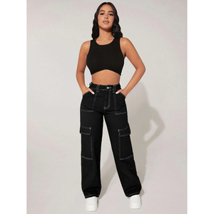 Pantalones vaqueros holgados de moda para mujer, pantalones vaqueros coreanos con bolsillos, pantalones vaqueros holgados de retazos - Product Image 6