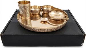 Service de table en bronze luxueux de 6 pièces fabriqué en Inde, finition miroir, gravure authentique, service de table en bronze Thali - Product Image 5
