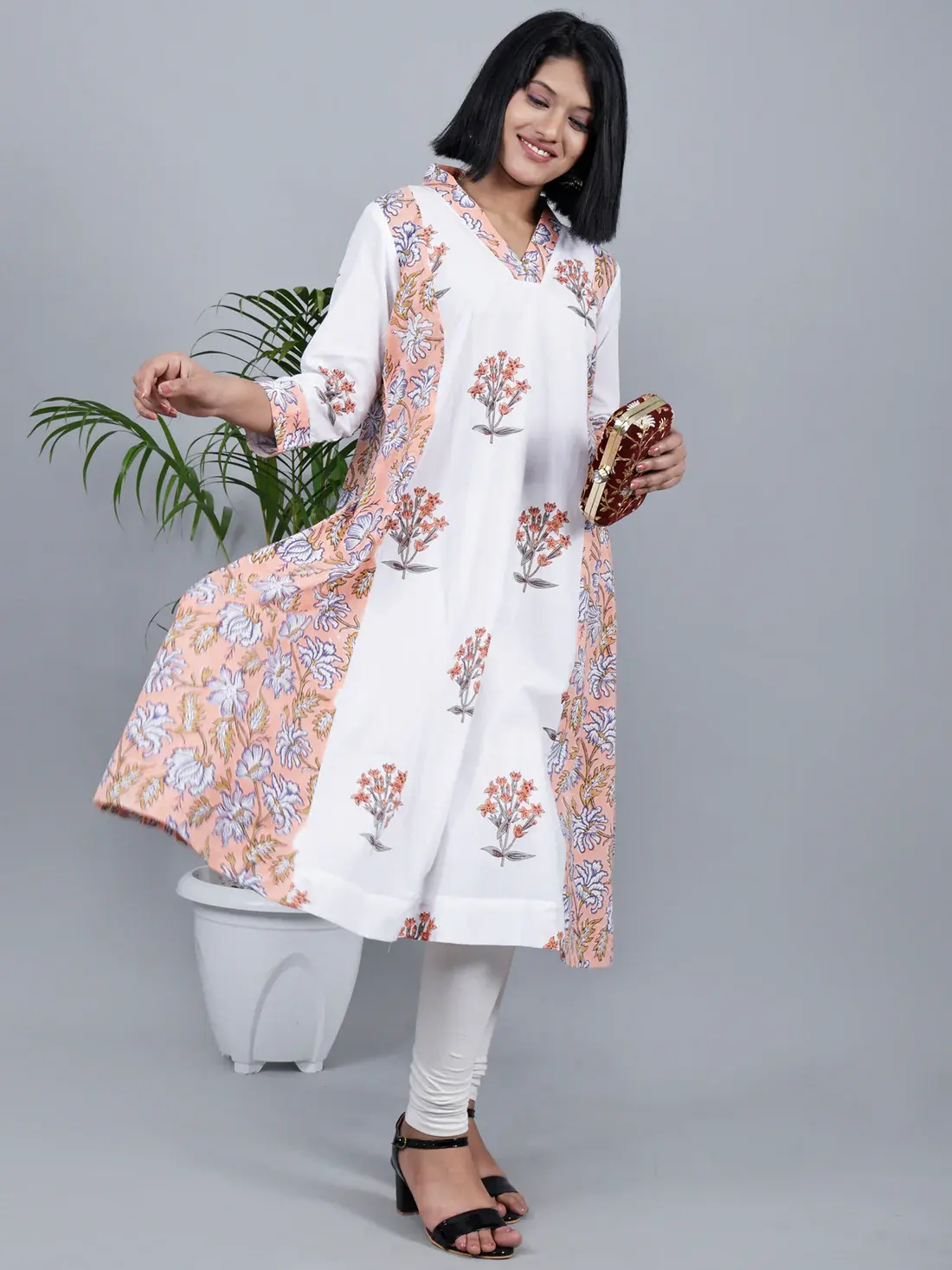 סיטונאי עיצוב אחרון חדש אופנתי הודי פקיסטני אתני בגדי קיץ לבן וורוד בלוק מודפס קו A קורטה במחיר נמוך