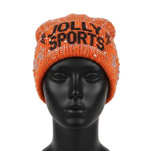 Gorro de punto para mujer, tejido acrílico suave, color naranja, logotipo personalizado tejido con diseño de diamantes de imitación brillantes, gorro jacquard. - Product Image 1