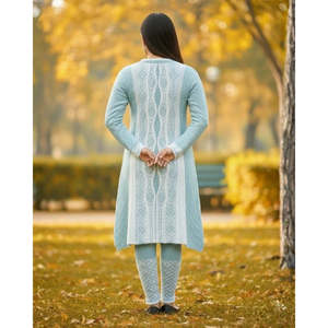 Conjunto de Kurti Tejido Azul Cielo con Patrón Geométrico, Vestido Midi de Manga Larga, Ropa Casual de Invierno - Product Image 2
