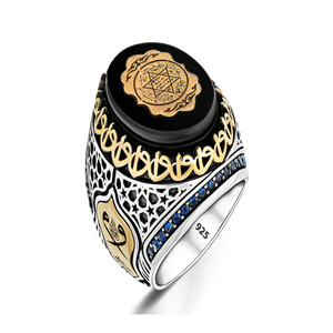 Anillo de Plata con Sello del Rey Salomón y Piedra de Ámbar, Plata de Ley 925, 19.64 gr - Product Image 1