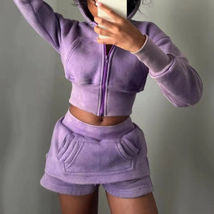 Sweat à capuche zippé vierge en éponge française personnalisé Logo personnalisé Jogging 100% coton épais survêtements pour femmes ensemble short et sweat à capuche - Product Image 5