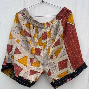Pantalones cortos de algodón de cintura alta Vintage para mujer, pantalones cortos de playa transpirables bordados Kantha hechos a mano para primavera - Product Image 1
