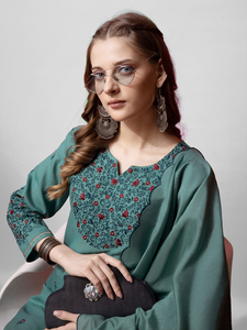 Robe de jour vintage décontractée style bohème en coton mélangé, col en O brodé, imprimé Kurti, manches longues, pantalon, longueur genou - Product Image 3