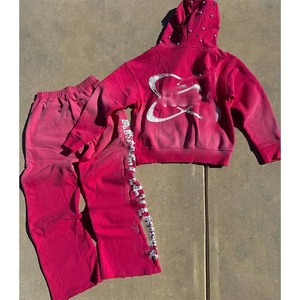 Ensemble de survêtement Jogger de haute qualité pour hommes, pantalon de survêtement évasé et ensemble de sweat-shirt en coton, sweat-shirt à fermeture éclair avec strass - Product Image 1