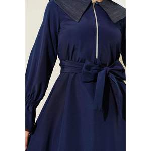 Robe décontractée bleu marine avec col en jean demi-fermeture éclair Terikoton - Product Image 3