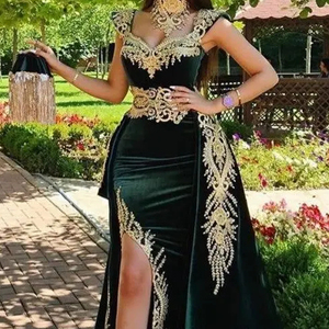 DAZZLING EMBROIDERY on BOTTLE <b>GREEN</b> CAFTAN WITH TRAIL DRESS WITH EMBELLISHED CRYSTAL GLASS BEADS,STONE,SEQUENCE,DABKA WORK @2024 - Product Image 1