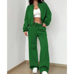 Gris Bomber Veste Pantalon Femmes 2 Pièces Ensemble Casual À Manches Longues Fermeture Éclair Manteau Casual Solide Sweat Pantalon Costume - Product Image 5