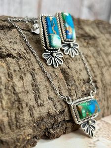 Handmade Sterling Silver <b>Peacock</b> Dahlia Necklace Earrings Set Unique Floral Artisan Style <b>Jewelry</b> with Gold Plating Gift for Her - Product Image 4