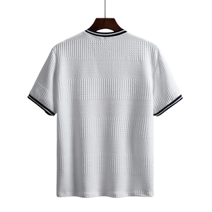 เสื้อยืดผู้ชาย แขนสั้น คอโอ ลายทาง ผ้าถักเนื้อนุ่ม สไตล์ลำลอง สตรีทแวร์ คอริบบ์ ทรงปกติ ปรับแต่งได้ ใส่ได้ทุกวันในฤดูร้อน - Product Image 2