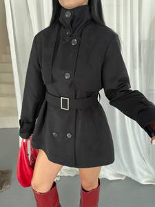 Elegant <b>Black</b> Trench Coat With Belt Stand Collar Full Sleeve Solid Color Autumn Wear Windproof Short Length Women's Coat - Product Image 2