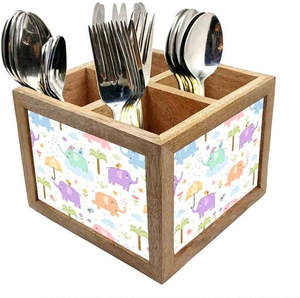 Elegant Wooden Spoon Holder <b>With</b> Printed Design Single-Tier Standing Type <b>Kitchen</b> Organizer for Dinnerware Tableware - Product Image 1
