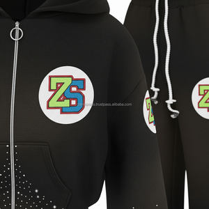 Chándal de lana gruesa con cremallera 380 GSM forro interior suave negro con diseño de llama blanca chándales con impresión de logotipo personalizado de talla grande - Product Image 5