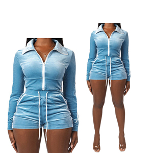 Ensemble de survêtement pour femme en velours à manches courtes et fermeture éclair intégrale avec logo en strass personnalisé, dentelle douce, tenue d'été, short de jogging deux pièces - Product Image 3