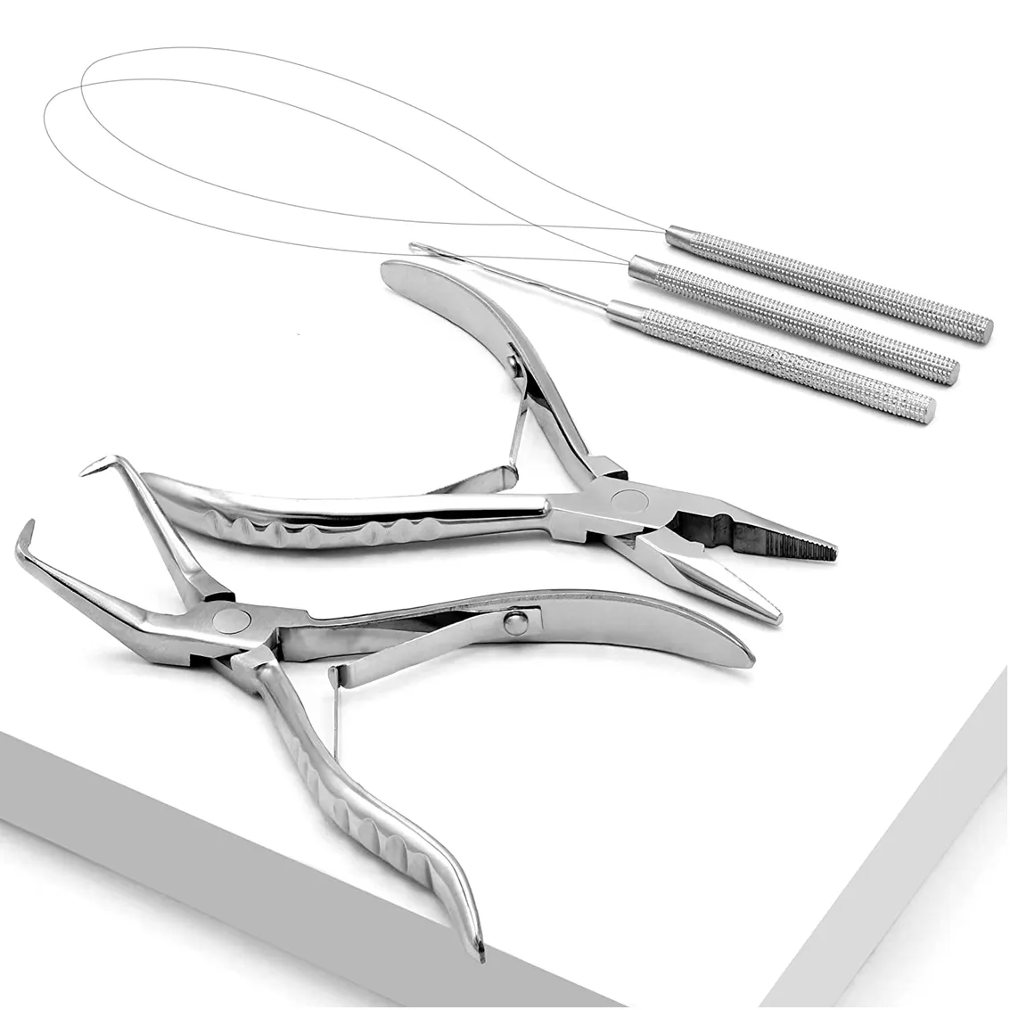Professional Hair Extension & Beading Tool Kit Remove Plier Set for beads (4 Piece) I-Link Micro Ring Loop Needle Pulling Hook T