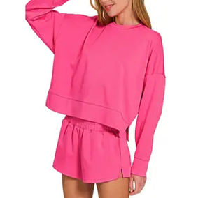 Wholesale Custom Winter Cotton <b>Long</b> Sleeves Crewneck Sweatshirts <b>Short</b> Pullover <b>Shorts</b> Two Piece Set <b>Women</b> High Waist Breathable - Product Image 6