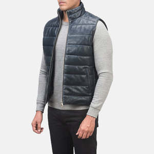 Gilet matelassé d'hiver décontracté Reeves en cuir bleu, coupe-vent, imperméable, léger, personnalisable, en polyester tricoté pour l'extérieur - Product Image 2