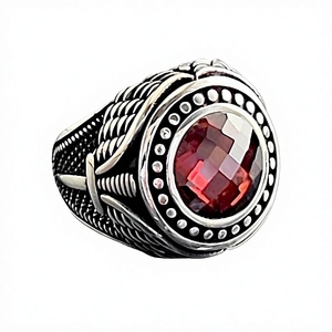 Anillo de Plata para Hombre con Piedra Granate Roja, Hecho a Mano, Estilo Histórico de Guerra, Joyería con Diseño de Espada Sagrada, Anillo de Plata de Ley Estilo Hip Hop - Product Image 1