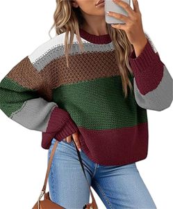 Suéter de Punto con Bloques de Color para Mujer, Cuello Redondo, Manga Murciélago, Estilo Casual para Otoño, 100% Acrílico - Product Image 1